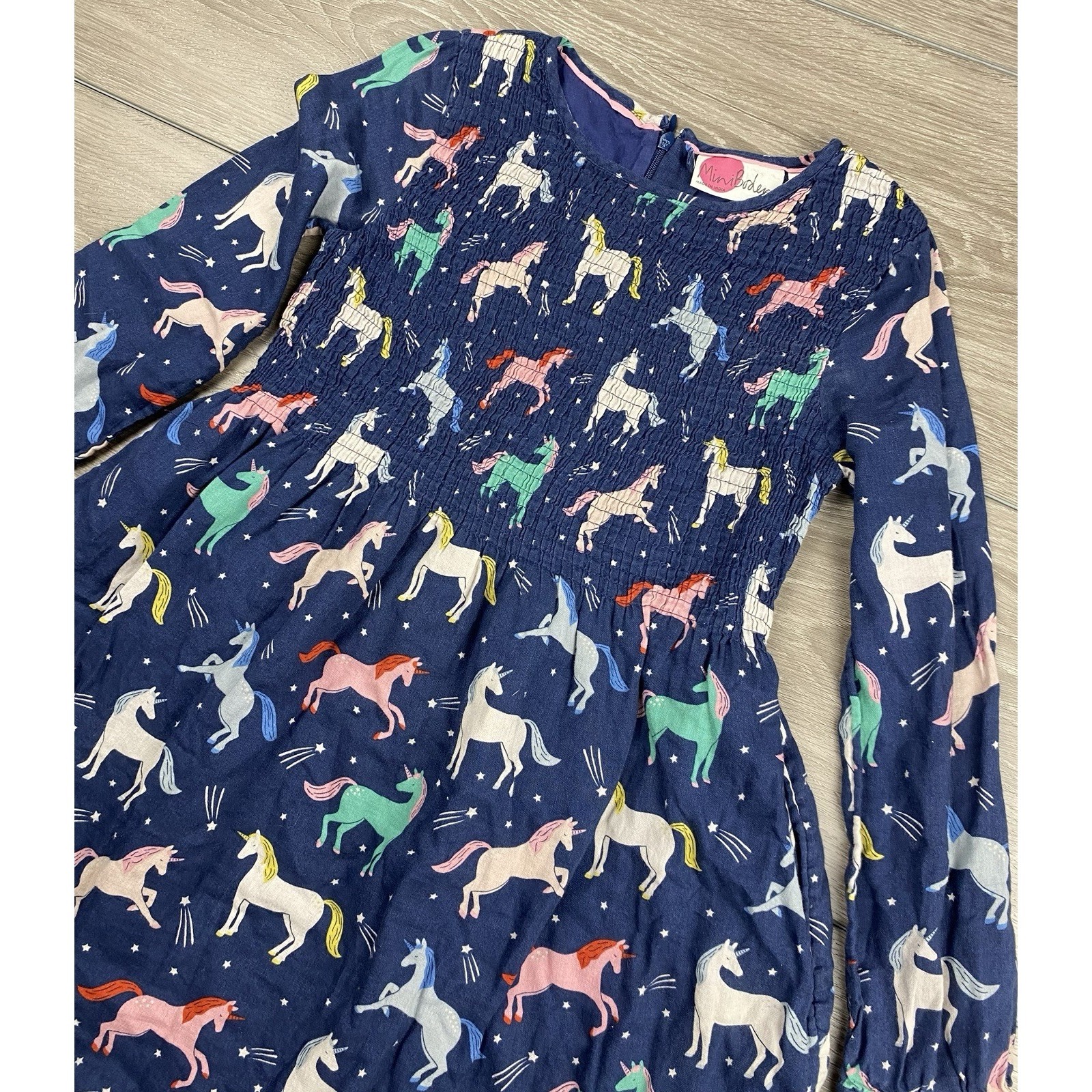 Mini Boden Girl All Over Unicorn Print Dress Blue Size 8-9y